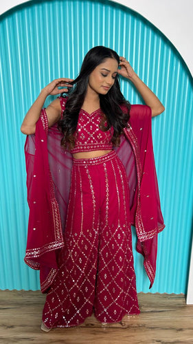 Pink Stylish Indo-Western Georgette Plazo Set with Foil Mirror & Thread Work ClothsVilla