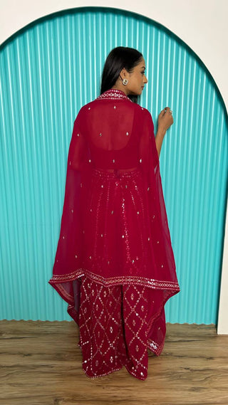 Pink Stylish Indo-Western Georgette Plazo Set with Foil Mirror & Thread Work ClothsVilla