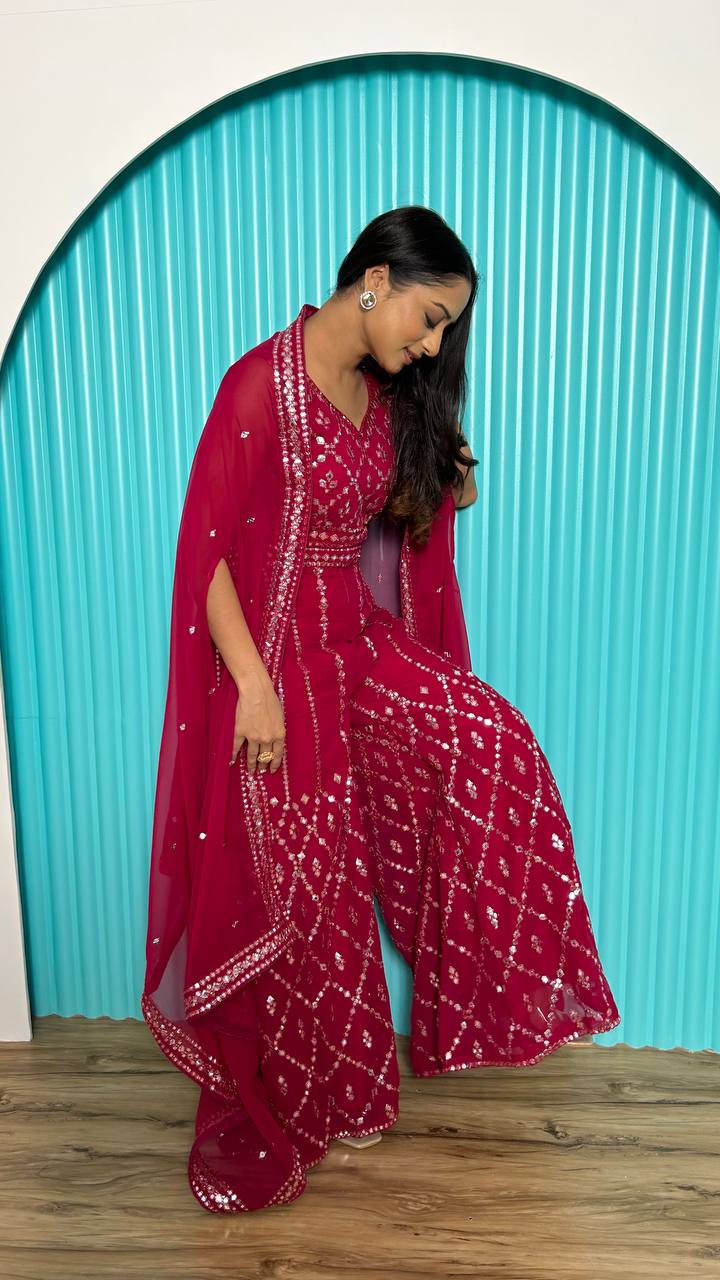 Pink Stylish Indo-Western Georgette Plazo Set with Foil Mirror & Thread Work ClothsVilla