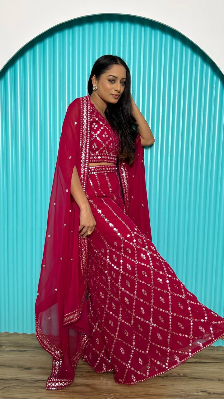 Pink Stylish Indo-Western Georgette Plazo Set with Foil Mirror & Thread Work ClothsVilla