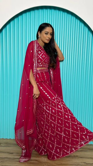 Pink Stylish Indo-Western Georgette Plazo Set with Foil Mirror & Thread Work ClothsVilla