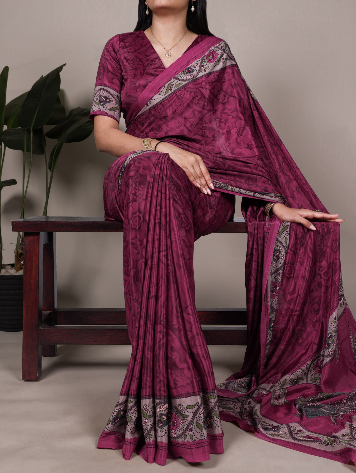 Pink Stylish Printed Crepe Saree with Matching Blouse Piece ClothsVilla Main image