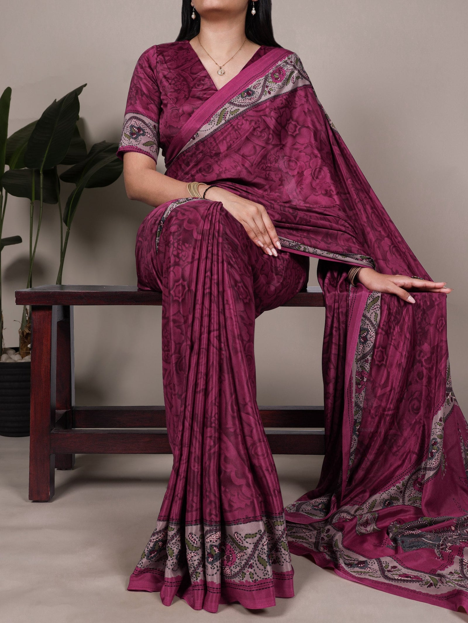 Pink Stylish Printed Crepe Saree with Matching Blouse Piece ClothsVilla