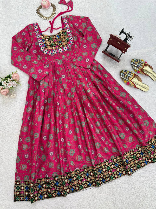 Pink Stylish Reyon Embroidered & Digital Print Top with Mirror & Sequin Work ClothsVilla