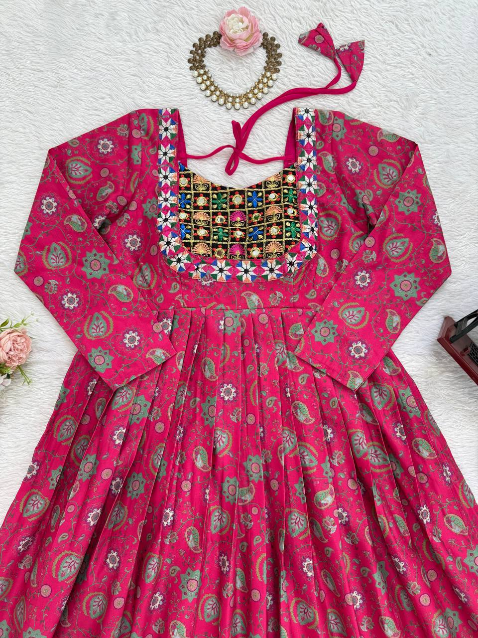 Pink Stylish Reyon Embroidered & Digital Print Top with Mirror & Sequin Work ClothsVilla