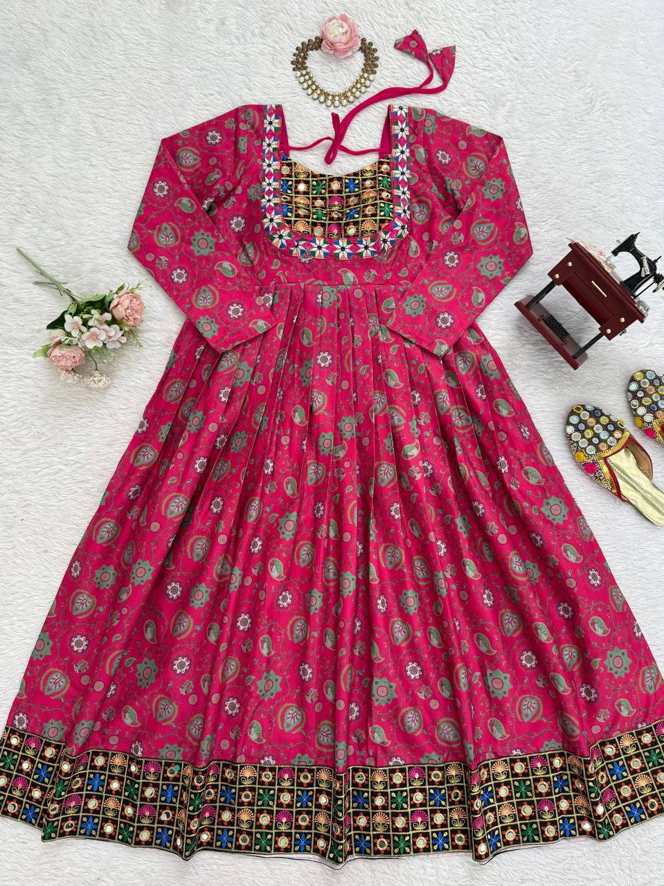 Pink Stylish Reyon Embroidered & Digital Print Top with Mirror & Sequin Work ClothsVilla
