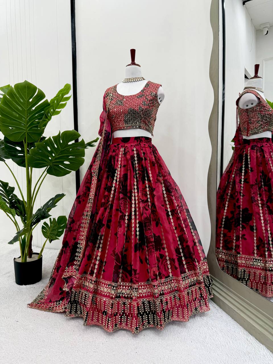 Pink Tabby Organza Thread & Sequin Embroidered Lehenga Choli Set with Dupatta ClothsVilla