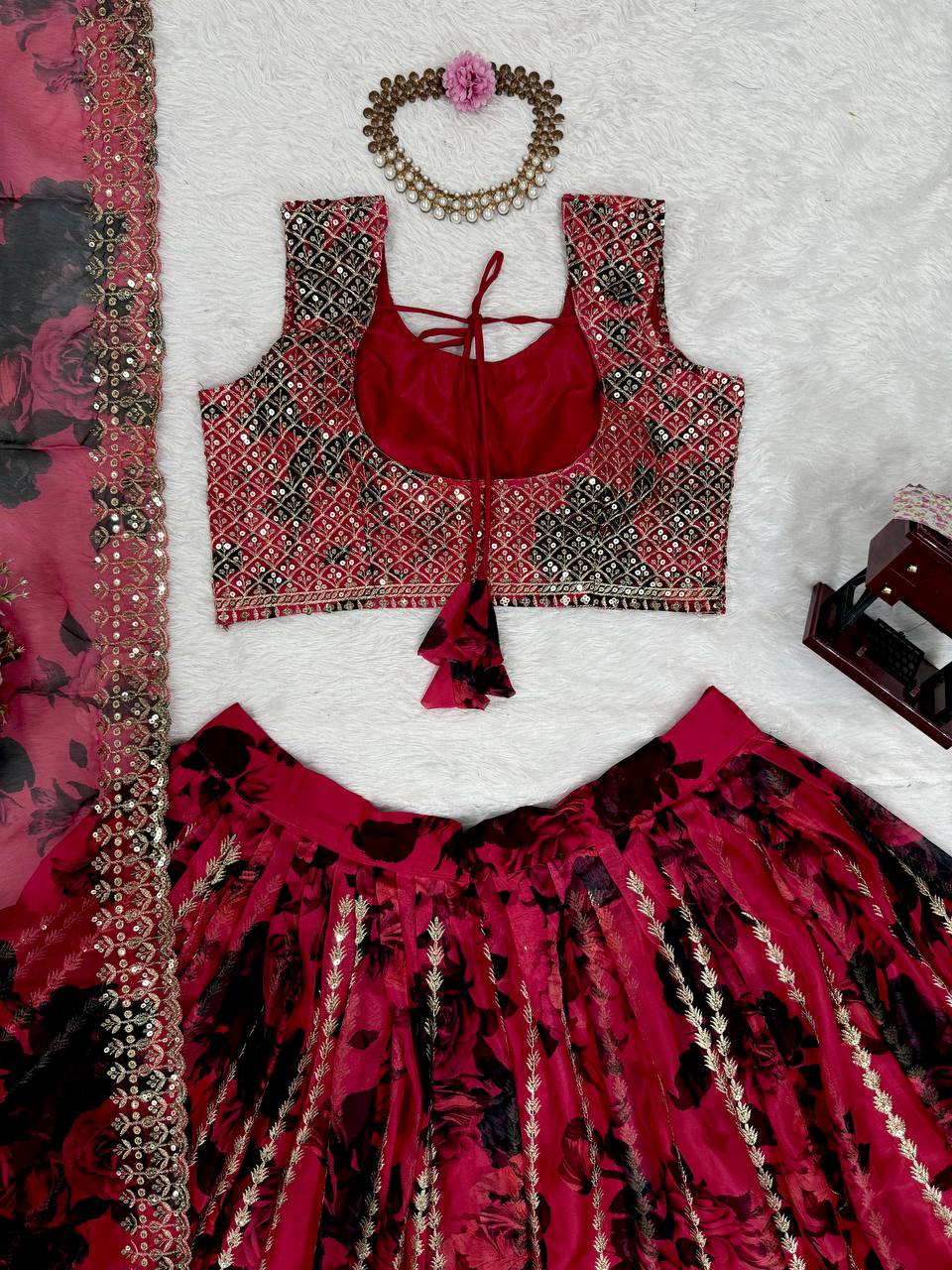 Pink Tabby Organza Thread & Sequin Embroidered Lehenga Choli Set with Dupatta ClothsVilla
