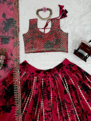 Pink Tabby Organza Thread & Sequin Embroidered Lehenga Choli Set with Dupatta ClothsVilla