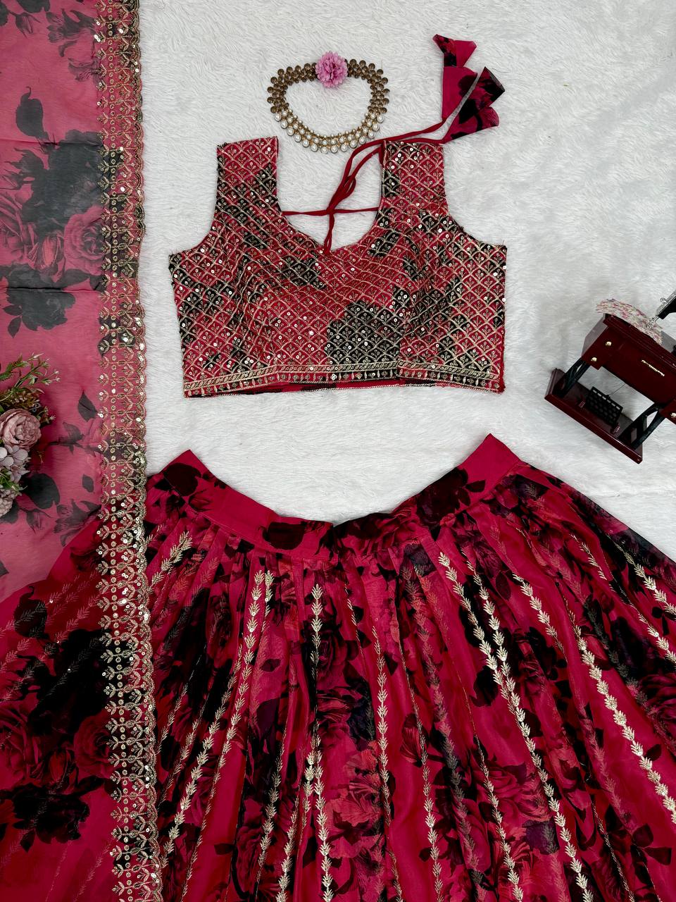 Pink Tabby Organza Thread & Sequin Embroidered Lehenga Choli Set with Dupatta ClothsVilla