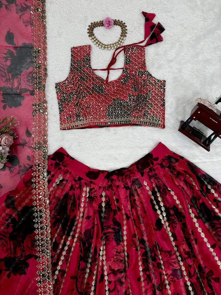 Pink Tabby Organza Thread & Sequin Embroidered Lehenga Choli Set with Dupatta ClothsVilla