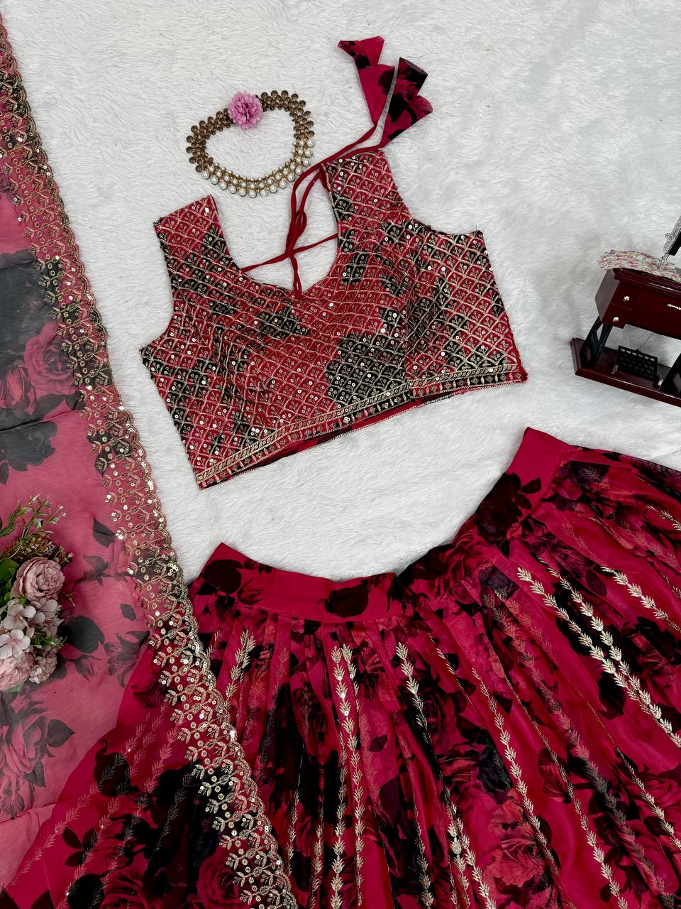Pink Tabby Organza Thread & Sequin Embroidered Lehenga Choli Set with Dupatta ClothsVilla