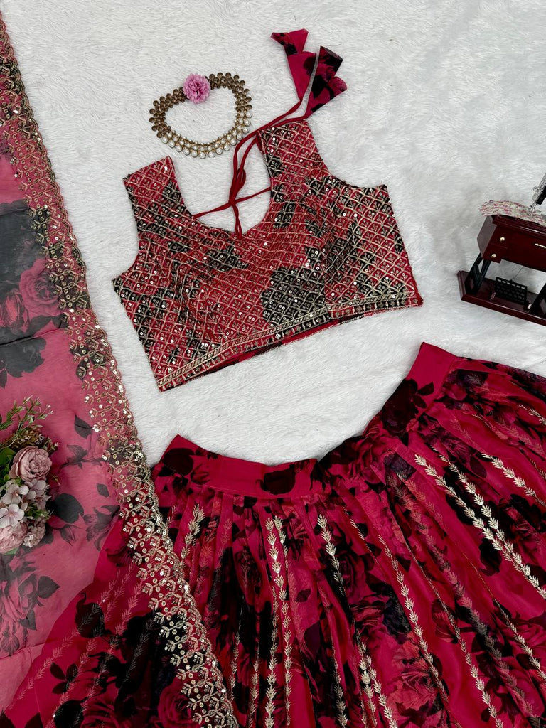 Pink Tabby Organza Thread & Sequin Embroidered Lehenga Choli Set with Dupatta ClothsVilla