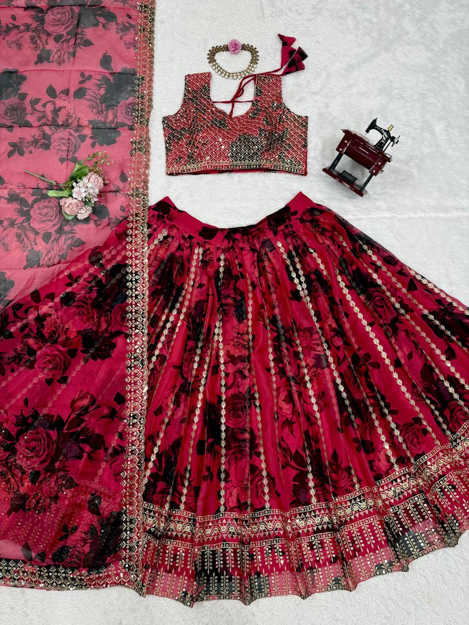 Pink Tabby Organza Thread & Sequin Embroidered Lehenga Choli Set with Dupatta ClothsVilla