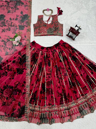 Pink Tabby Organza Thread & Sequin Embroidered Lehenga Choli Set with Dupatta ClothsVilla