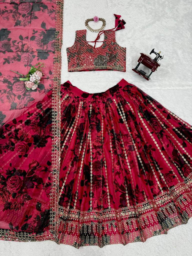 Pink Tabby Organza Thread & Sequin Embroidered Lehenga Choli Set with Dupatta ClothsVilla