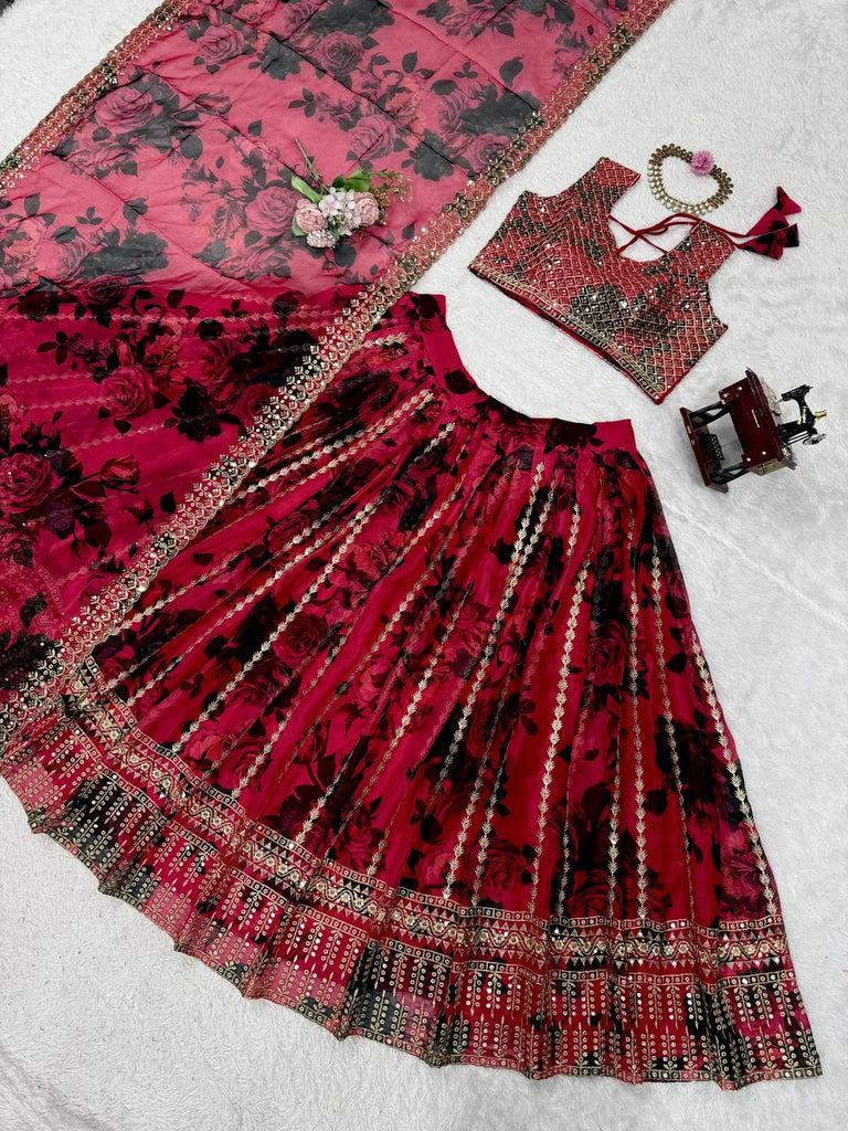 Pink Tabby Organza Thread & Sequin Embroidered Lehenga Choli Set with Dupatta ClothsVilla