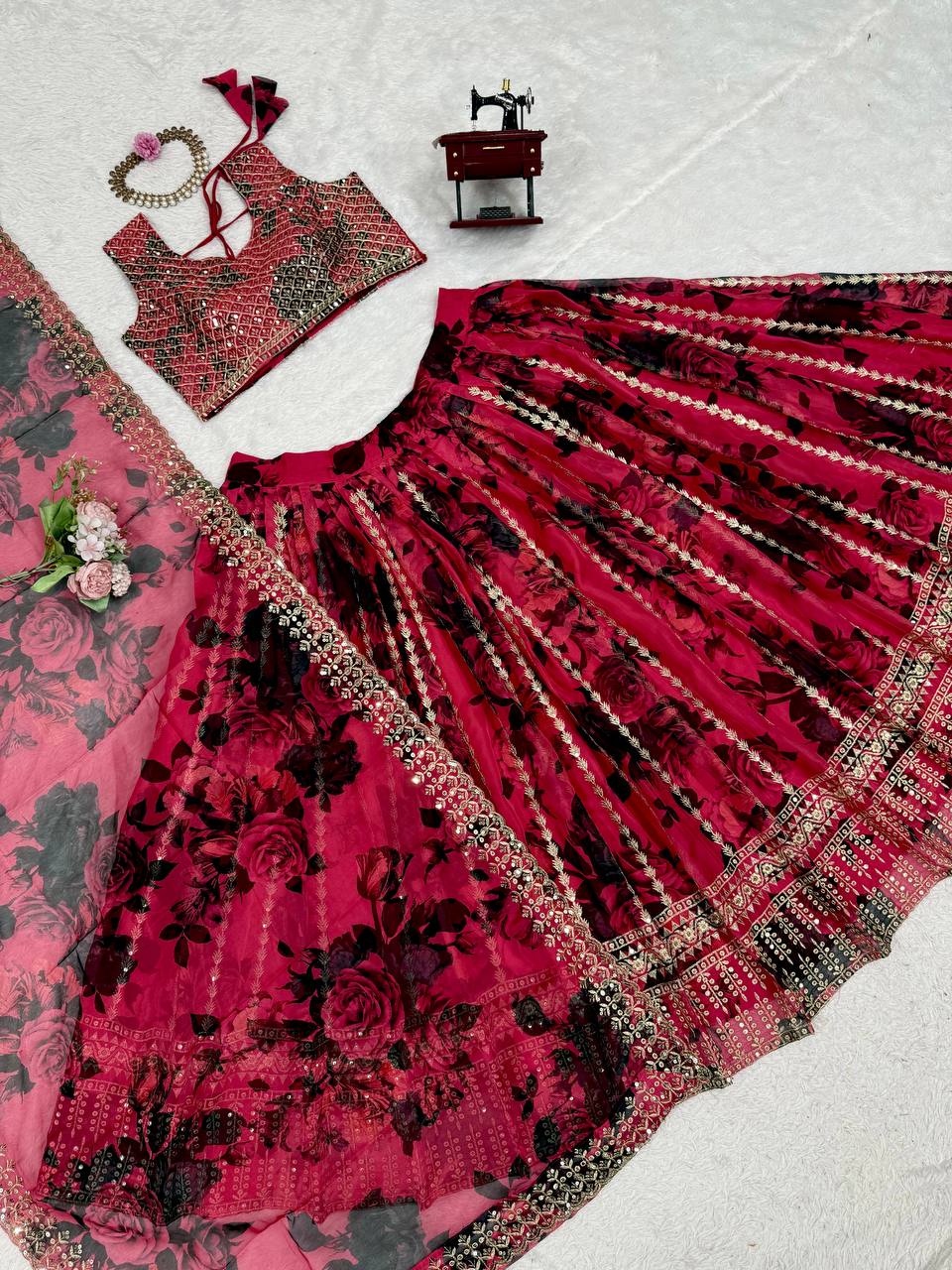 Pink Tabby Organza Thread & Sequin Embroidered Lehenga Choli Set with Dupatta ClothsVilla