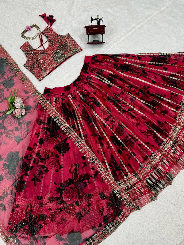 Pink Tabby Organza Thread & Sequin Embroidered Lehenga Choli Set with Dupatta ClothsVilla