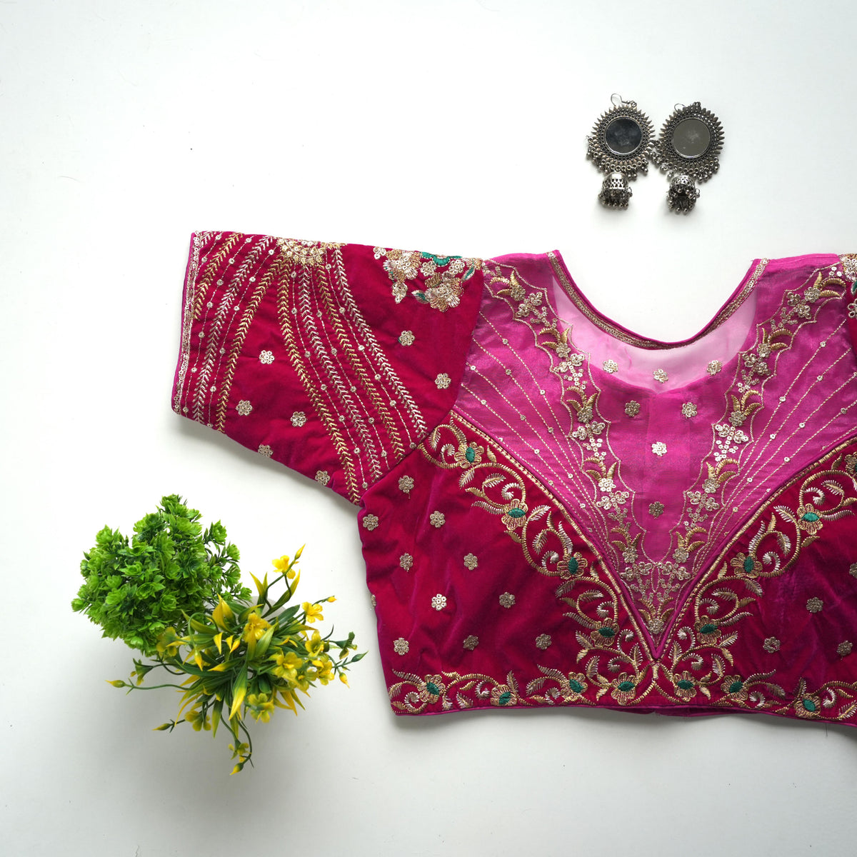 Pink Taffeta Silk Blouse with Golden Embroidery and Sequin Touch ClothsVilla Main image
