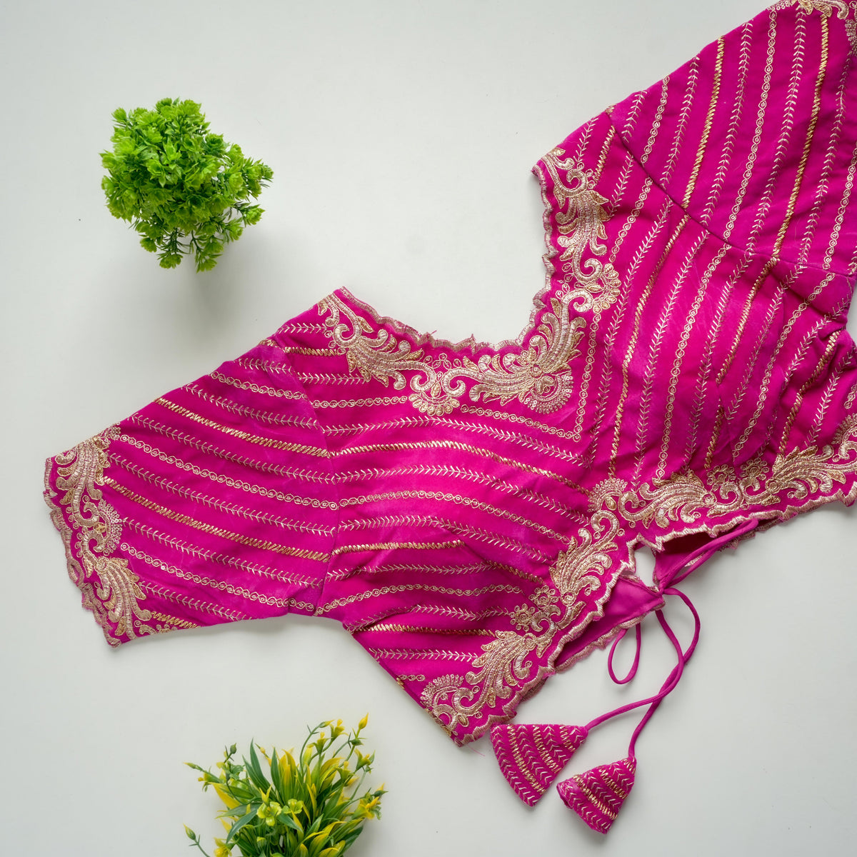 Pink Taffeta Silk Blouse with Golden Embroidery and Sequins ClothsVilla.com Main image