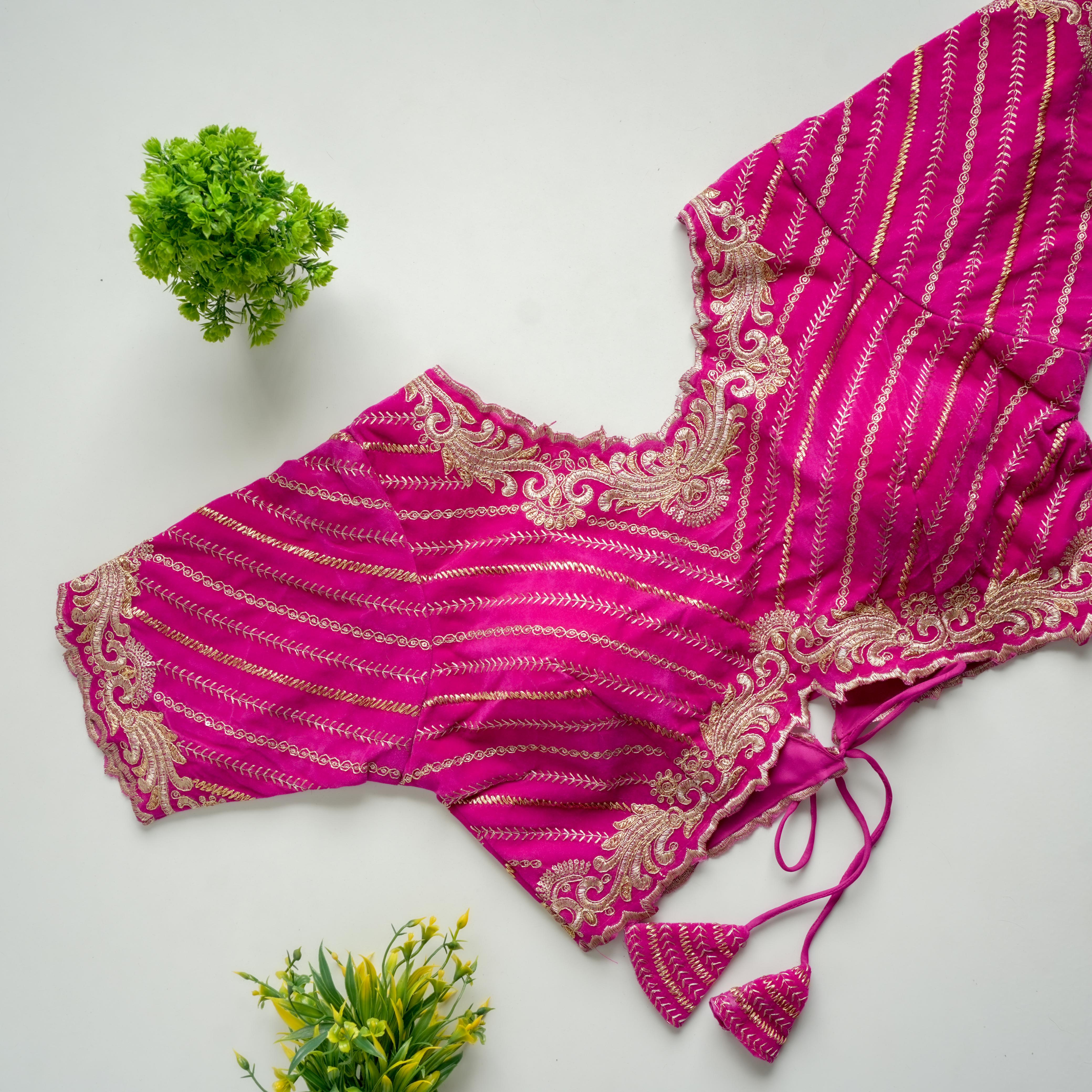 Pink Taffeta Silk Blouse with Golden Embroidery and Sequins ClothsVilla.com Main image