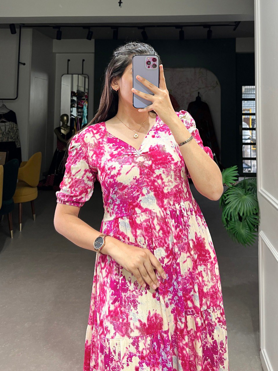 Pink Three-Layered Ethnic Rayon Frock with Elegant Foil Print ClothsVilla