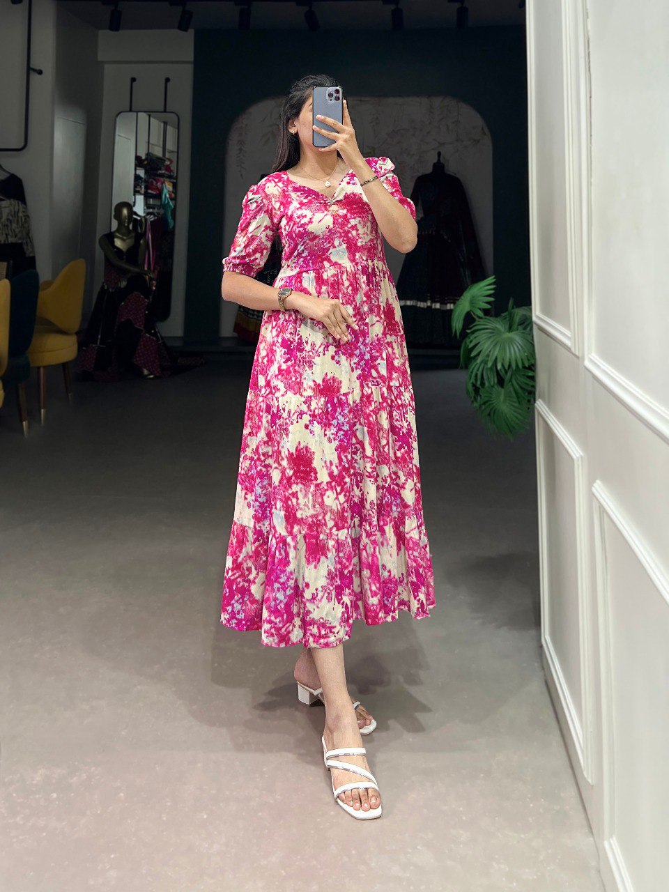 Pink Three-Layered Ethnic Rayon Frock with Elegant Foil Print ClothsVilla