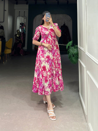 Pink Three-Layered Ethnic Rayon Frock with Elegant Foil Print ClothsVilla