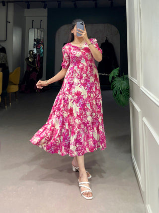 Pink Three-Layered Ethnic Rayon Frock with Elegant Foil Print ClothsVilla