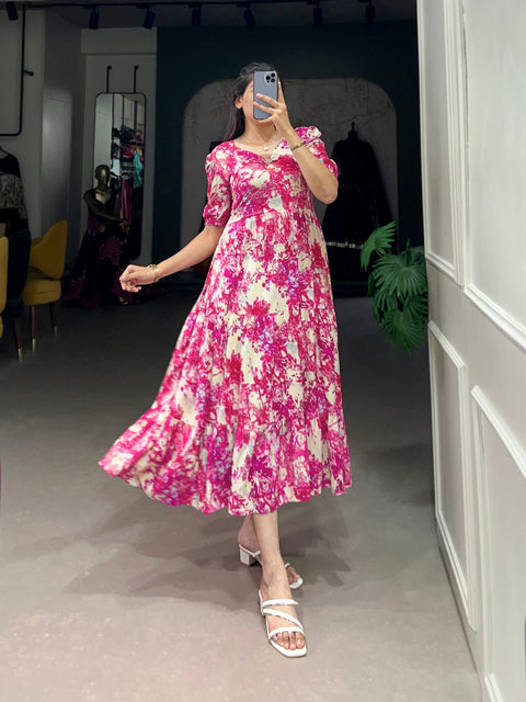 Pink Three-Layered Ethnic Rayon Frock with Elegant Foil Print ClothsVilla Main image