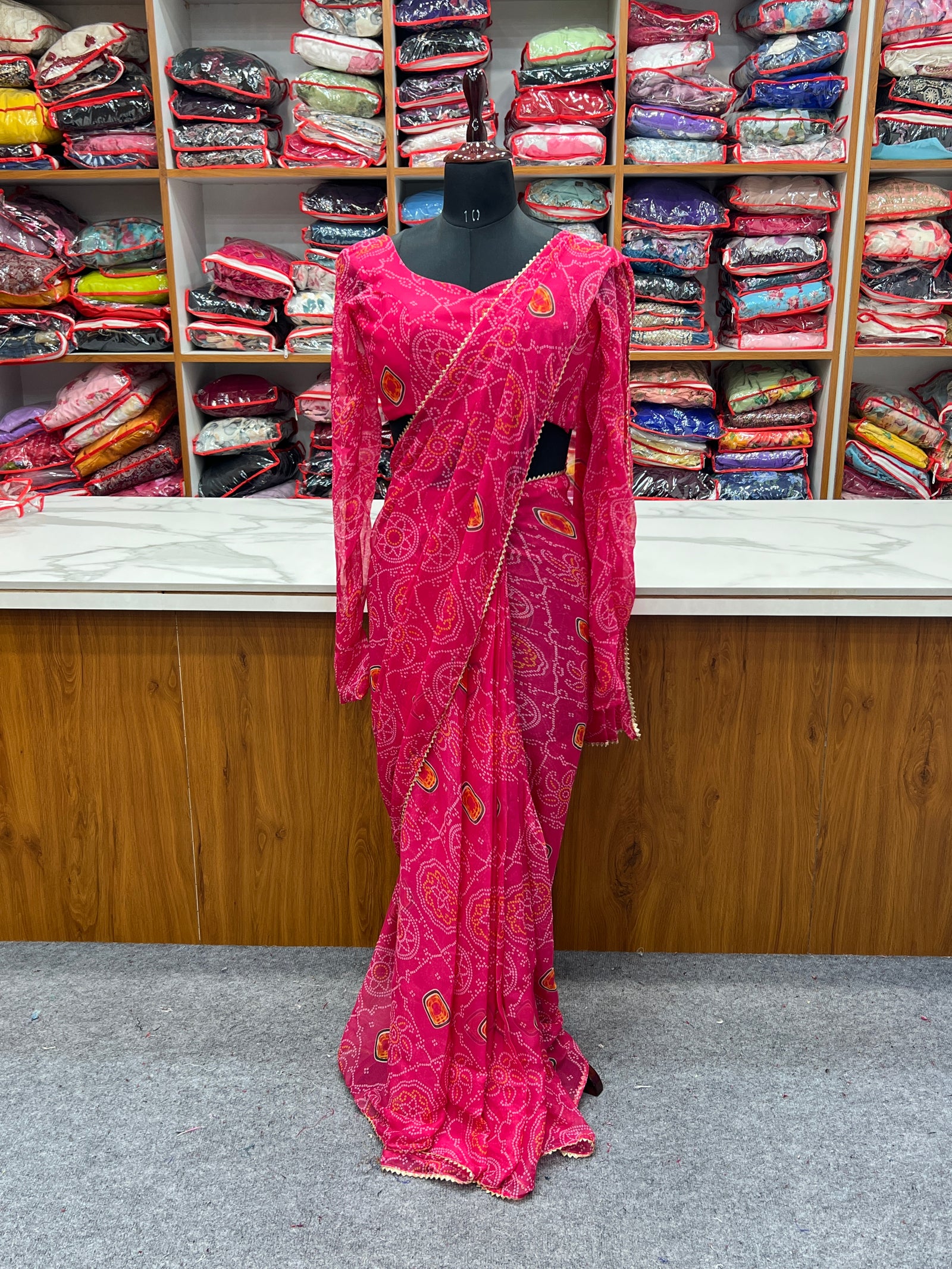 Pink Timeless Bandhej Printed Ready-to-Wear Saree – Lightweight Chiffon with Fully Stitched Blouse