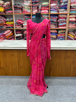 Pink Timeless Bandhej Printed Ready-to-Wear Saree – Lightweight Chiffon with Fully Stitched Blouse