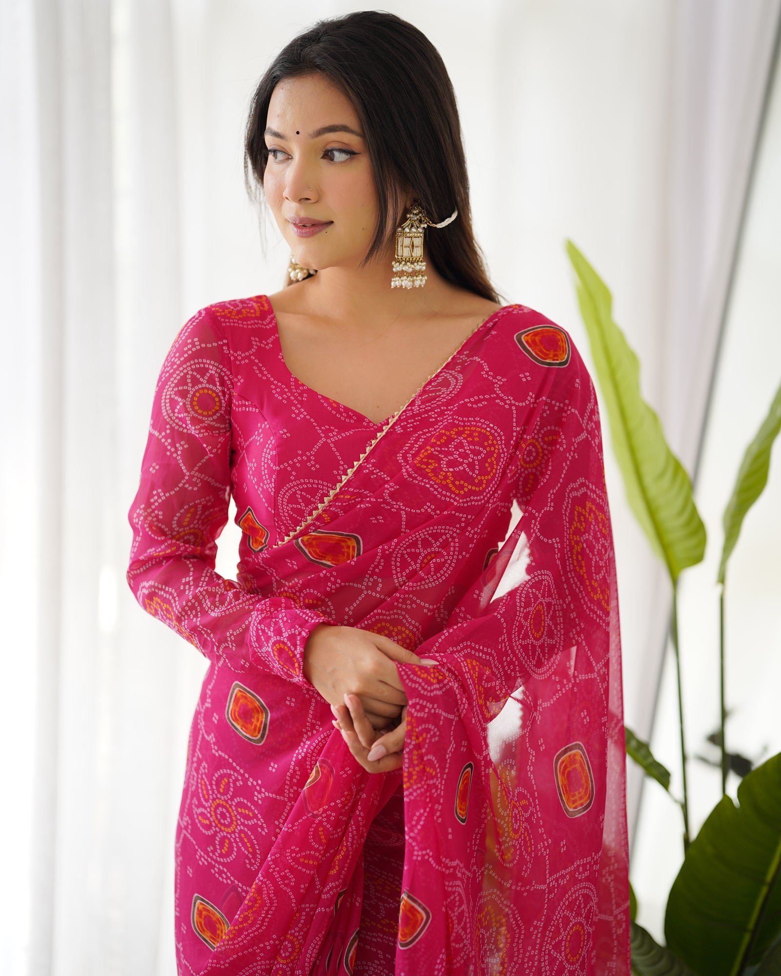 Pink Timeless Bandhej Printed Ready-to-Wear Saree – Lightweight Chiffon with Fully Stitched Blouse
