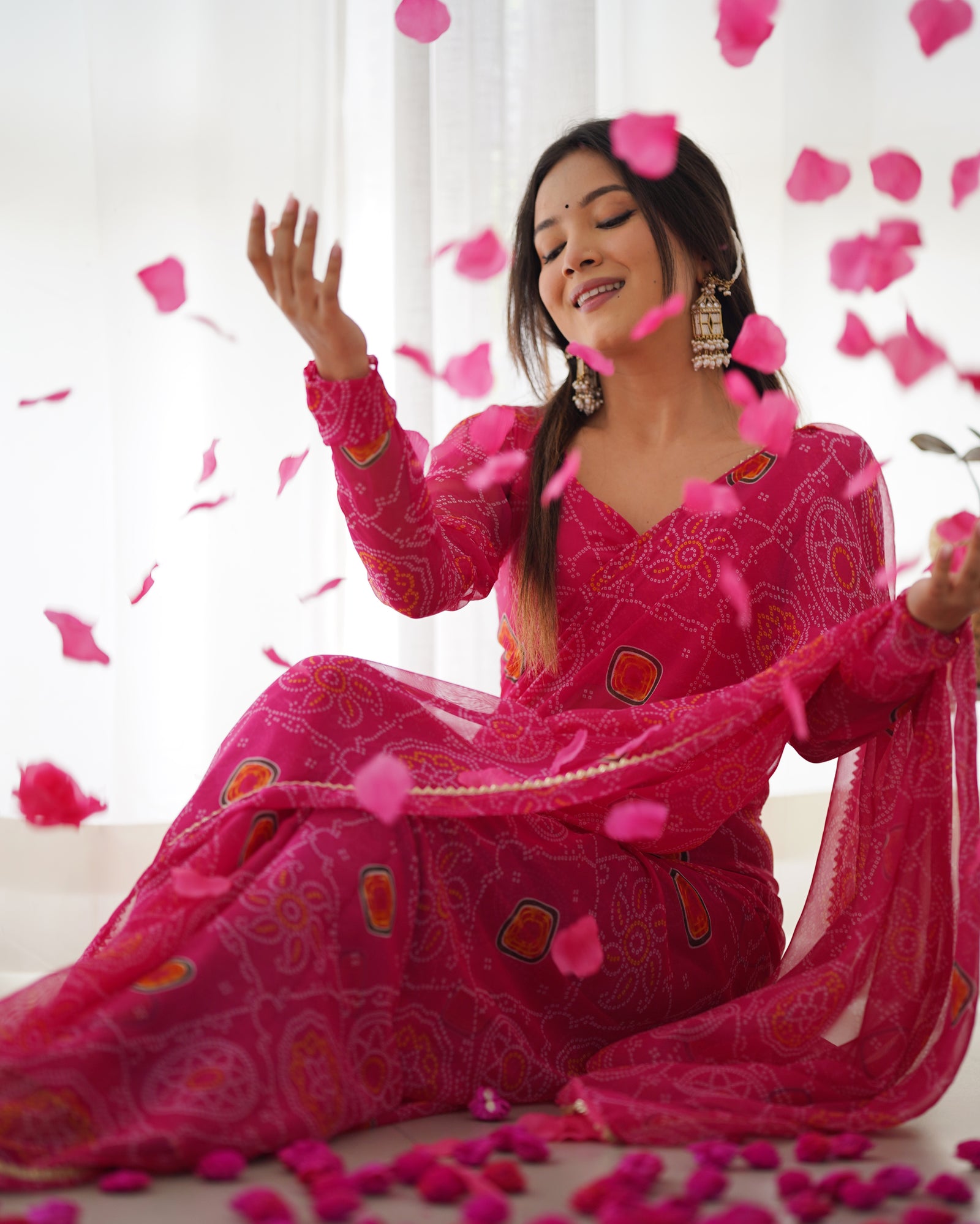 Pink Timeless Bandhej Printed Ready-to-Wear Saree – Lightweight Chiffon with Fully Stitched Blouse