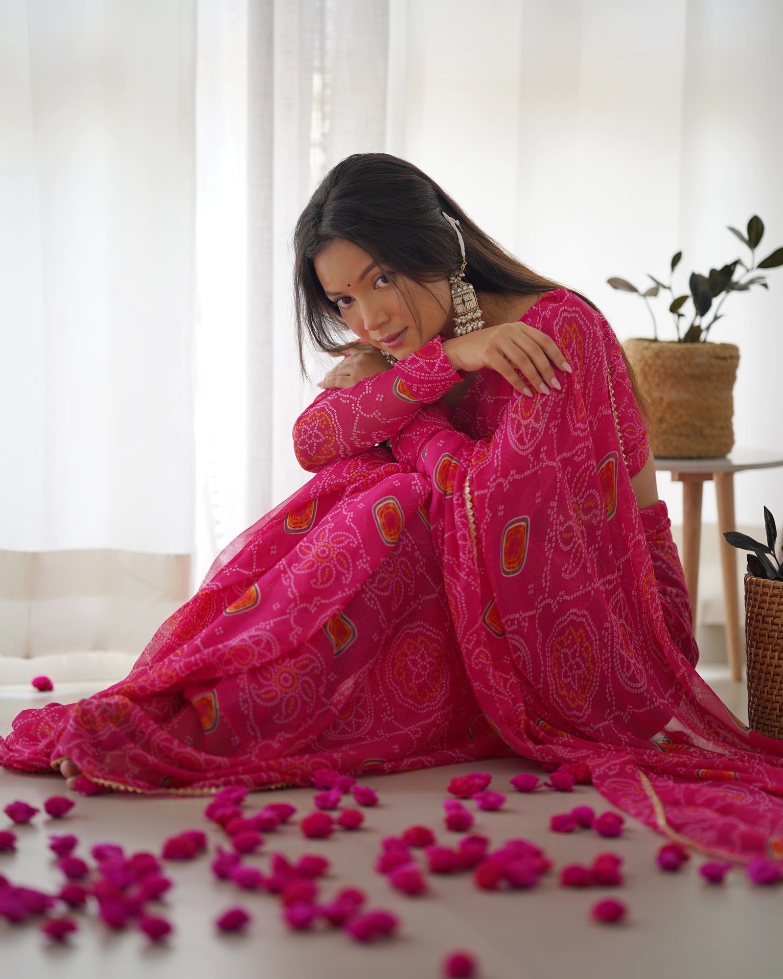 Pink Timeless Bandhej Printed Ready-to-Wear Saree – Lightweight Chiffon with Fully Stitched Blouse