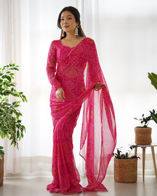 Pink Timeless Bandhej Printed Ready-to-Wear Saree – Lightweight Chiffon with Fully Stitched Blouse