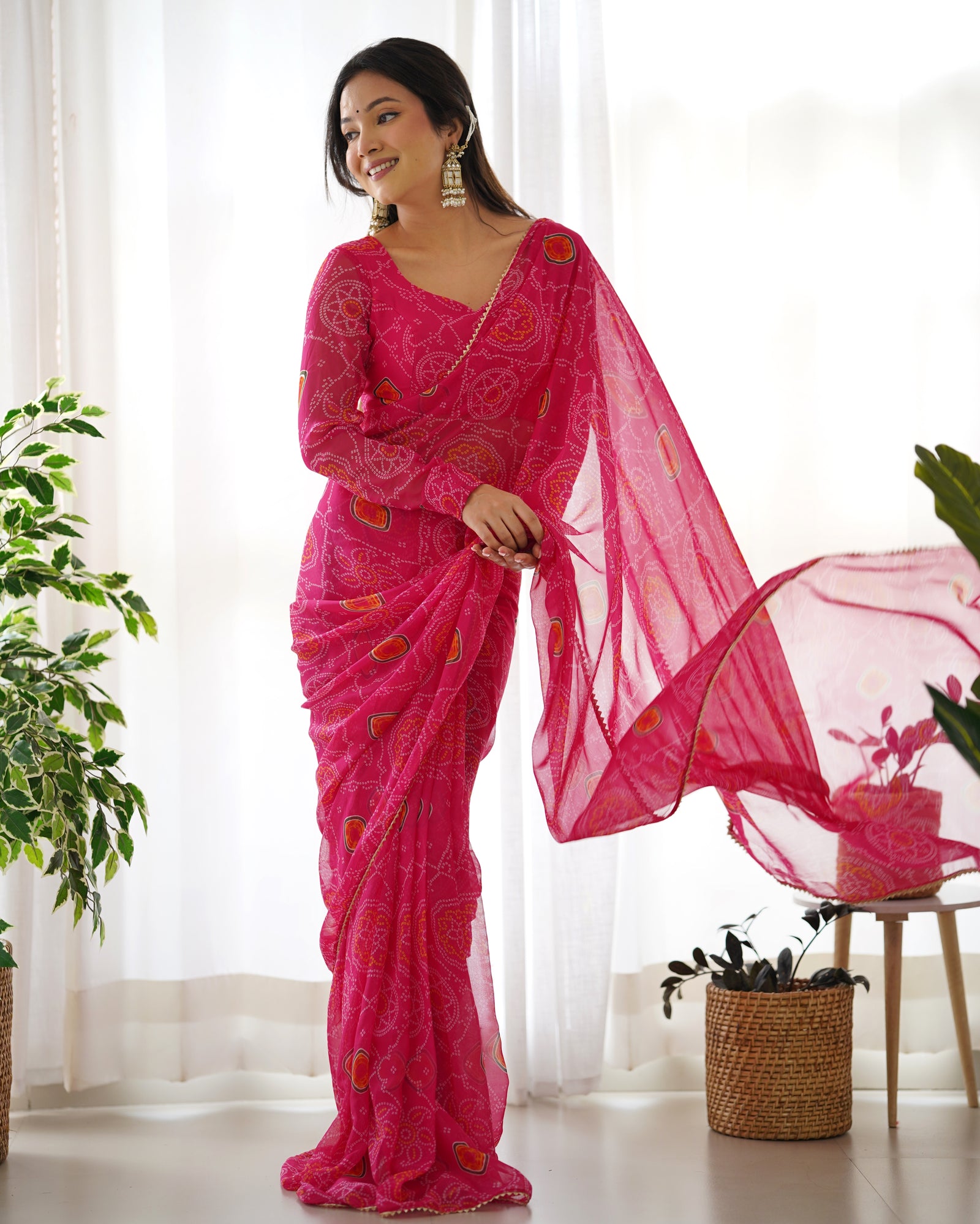 Pink Timeless Bandhej Printed Ready-to-Wear Saree – Lightweight Chiffon with Fully Stitched Blouse