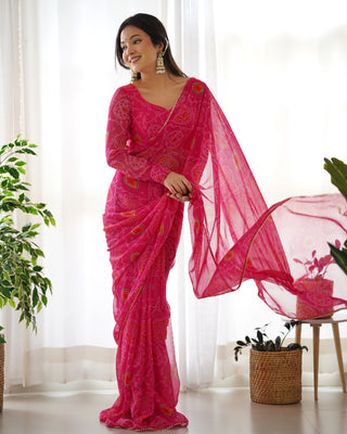 Pink Timeless Bandhej Printed Ready-to-Wear Saree – Lightweight Chiffon with Fully Stitched Blouse