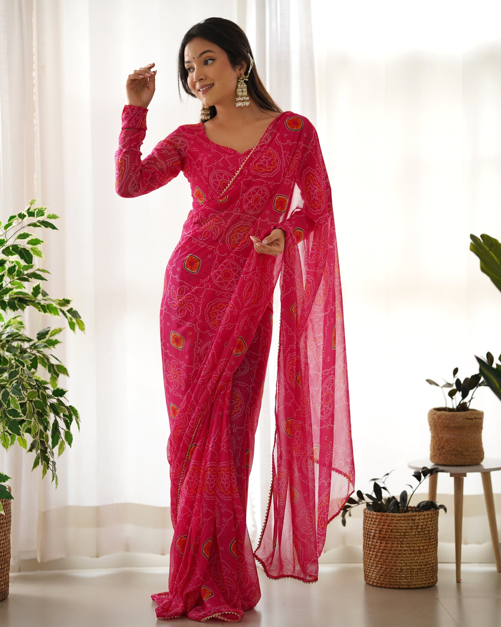 Pink Timeless Bandhej Printed Ready-to-Wear Saree – Lightweight Chiffon with Fully Stitched Blouse
