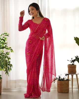 Pink Timeless Bandhej Printed Ready-to-Wear Saree – Lightweight Chiffon with Fully Stitched Blouse