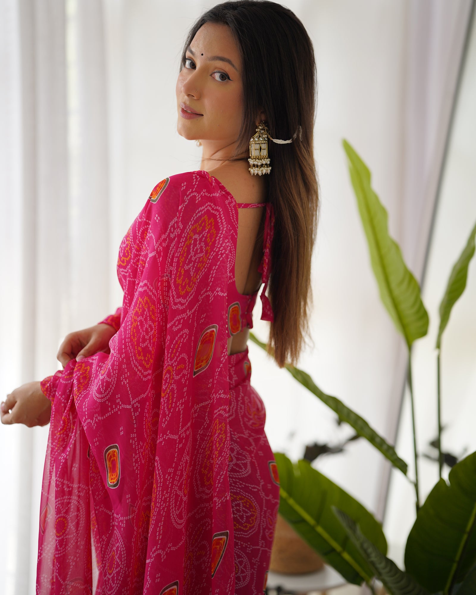 Pink Timeless Bandhej Printed Ready-to-Wear Saree – Lightweight Chiffon with Fully Stitched Blouse