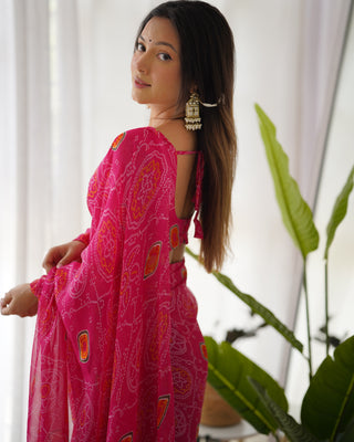 Pink Timeless Bandhej Printed Ready-to-Wear Saree – Lightweight Chiffon with Fully Stitched Blouse