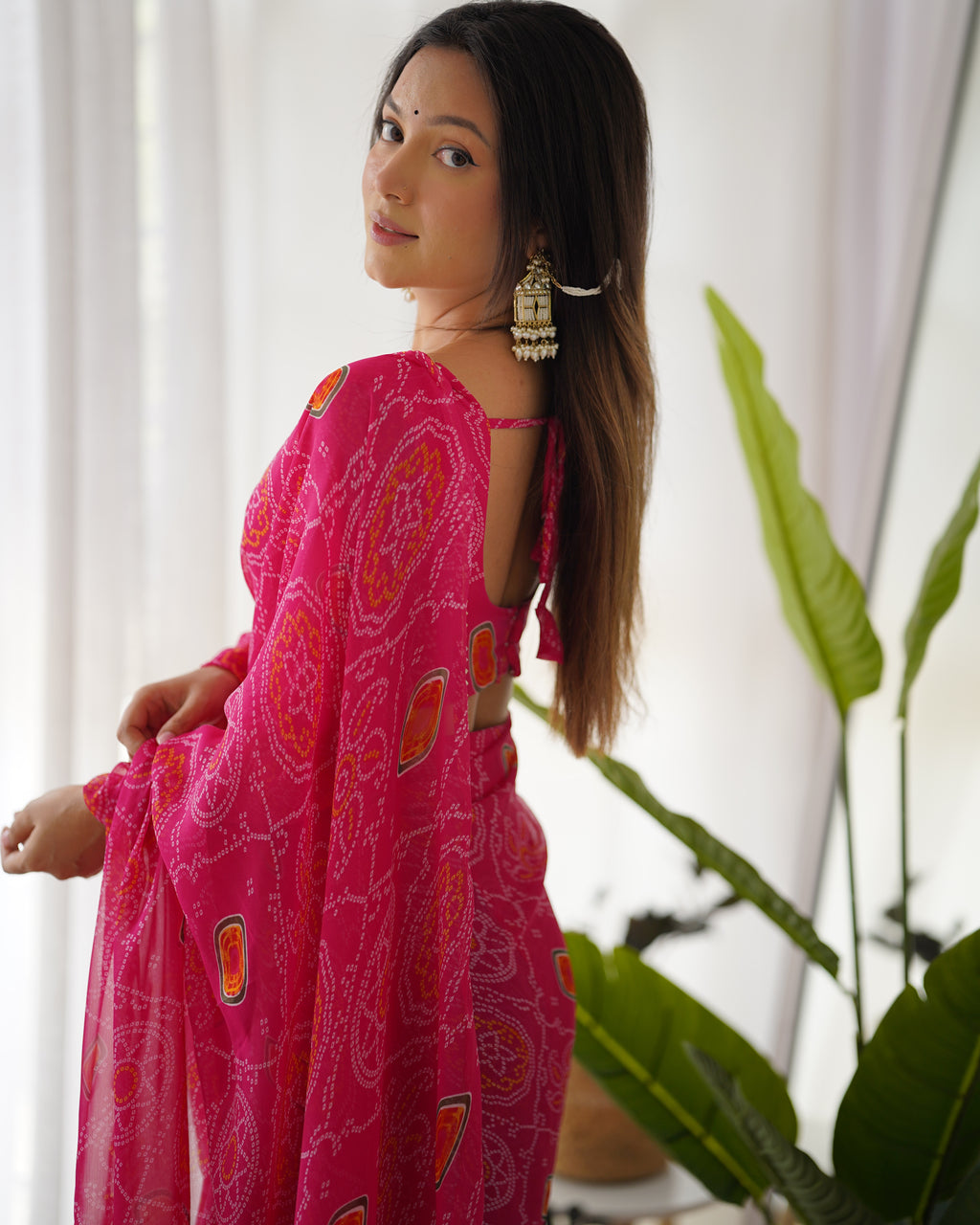 Pink Timeless Bandhej Printed Ready-to-Wear Saree – Lightweight Chiffon with Fully Stitched Blouse