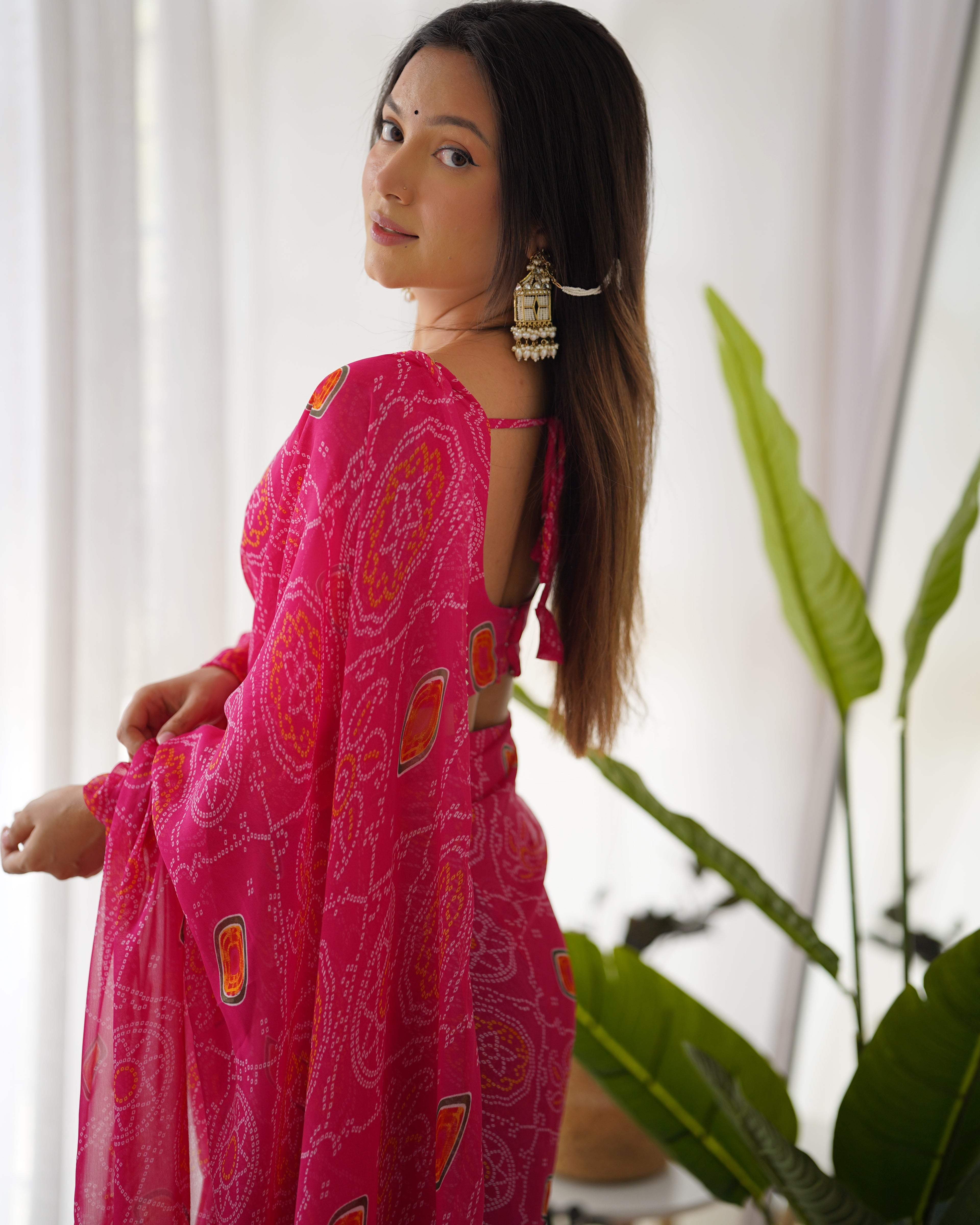Pink Timeless Bandhej Printed Ready-to-Wear Saree – Lightweight Chiffon with Fully Stitched Blouse