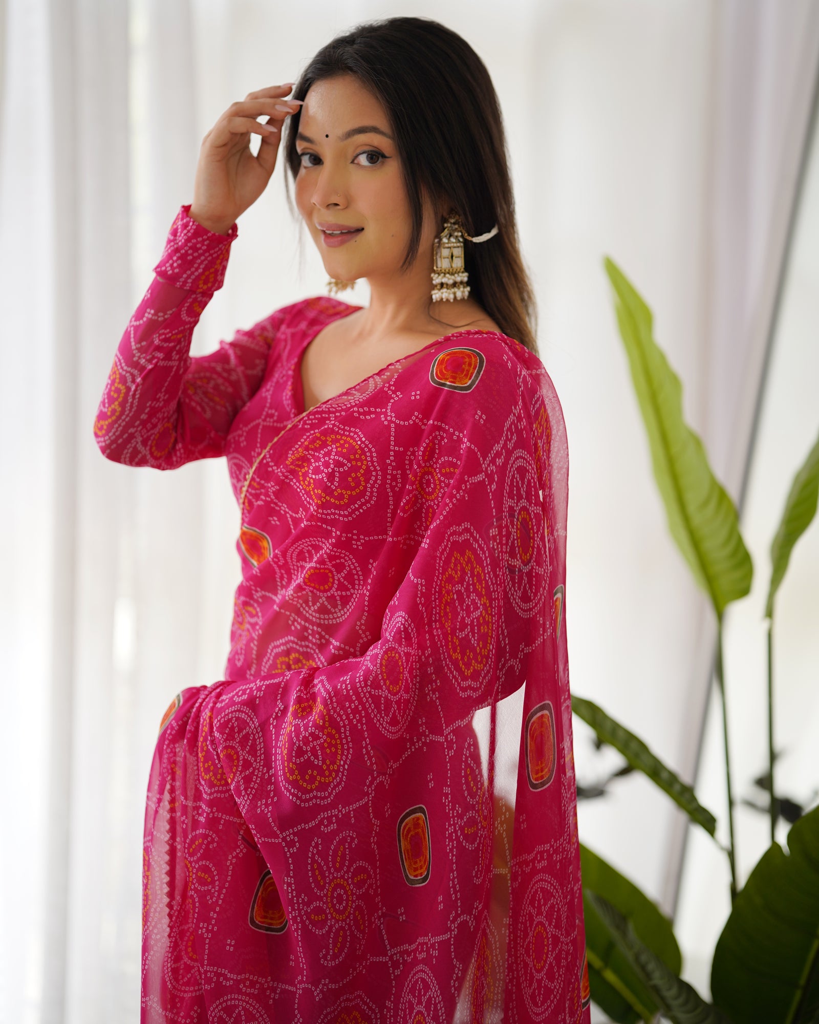 Pink Timeless Bandhej Printed Ready-to-Wear Saree – Lightweight Chiffon with Fully Stitched Blouse