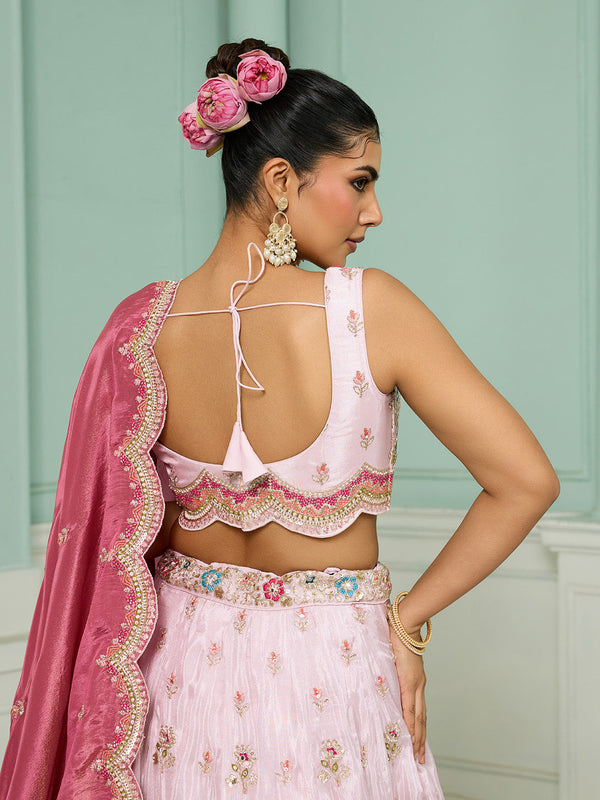 Pink Tissue Lehenga Choli with Sequins, Beads & Thread Embroidery – Full-Flared Semi-Stitched Lehenga with Dupatta ClothsVilla