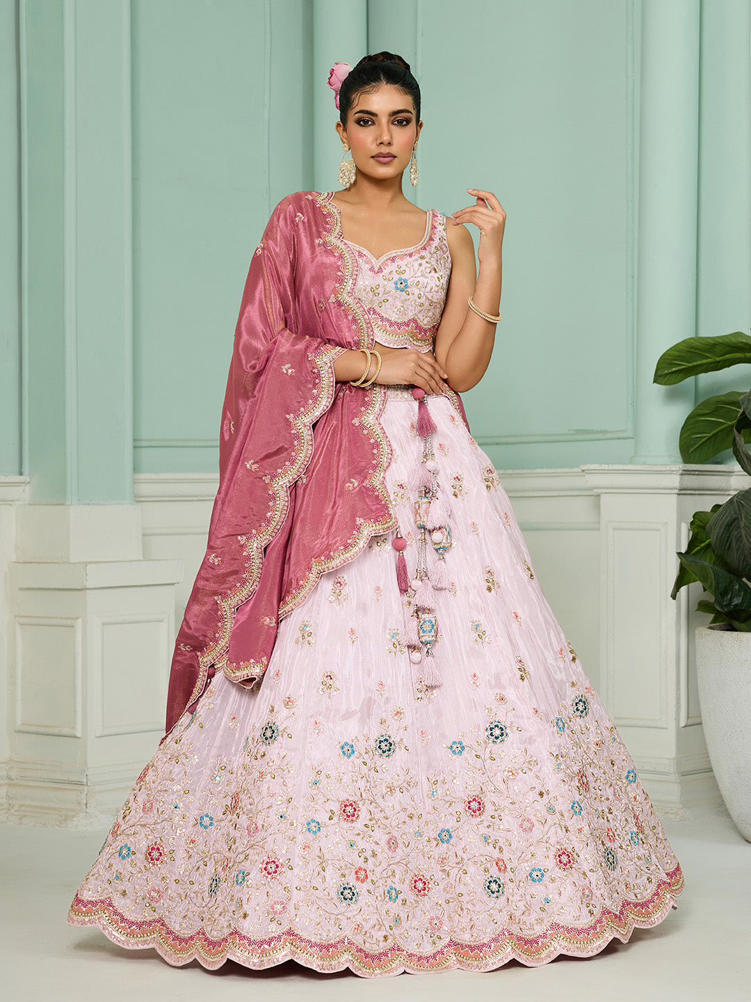 Pink Tissue Lehenga Choli with Sequins, Beads & Thread Embroidery – Full-Flared Semi-Stitched Lehenga with Dupatta ClothsVilla Main image