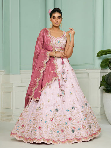 Pink Tissue Lehenga Choli with Sequins, Beads & Thread Embroidery – Full-Flared Semi-Stitched Lehenga with Dupatta ClothsVilla