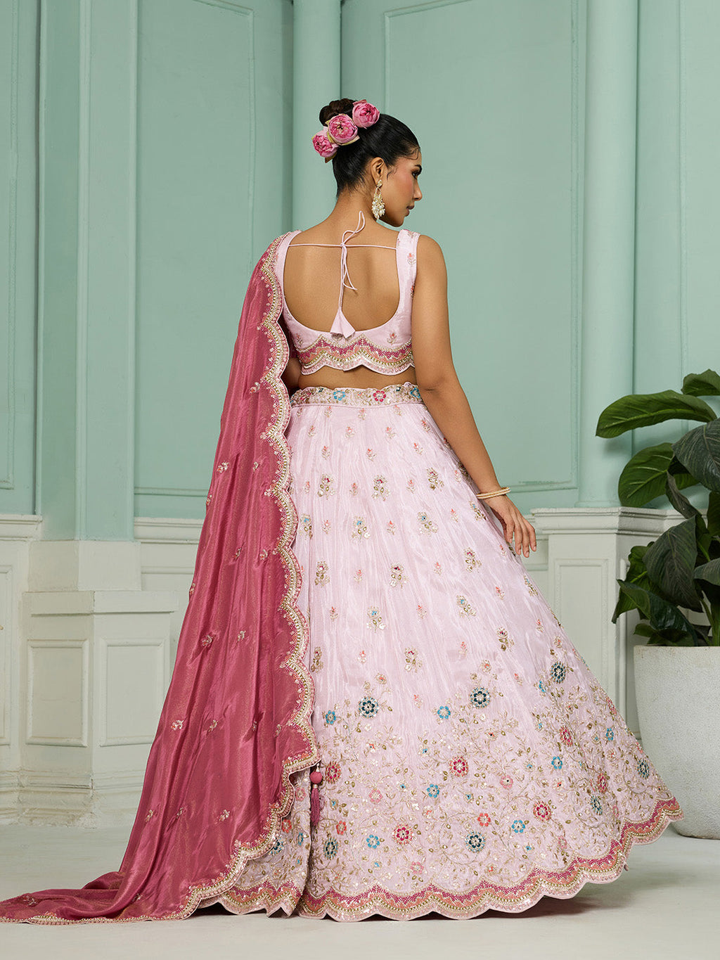 Pink Tissue Lehenga Choli with Sequins, Beads & Thread Embroidery – Full-Flared Semi-Stitched Lehenga with Dupatta ClothsVilla